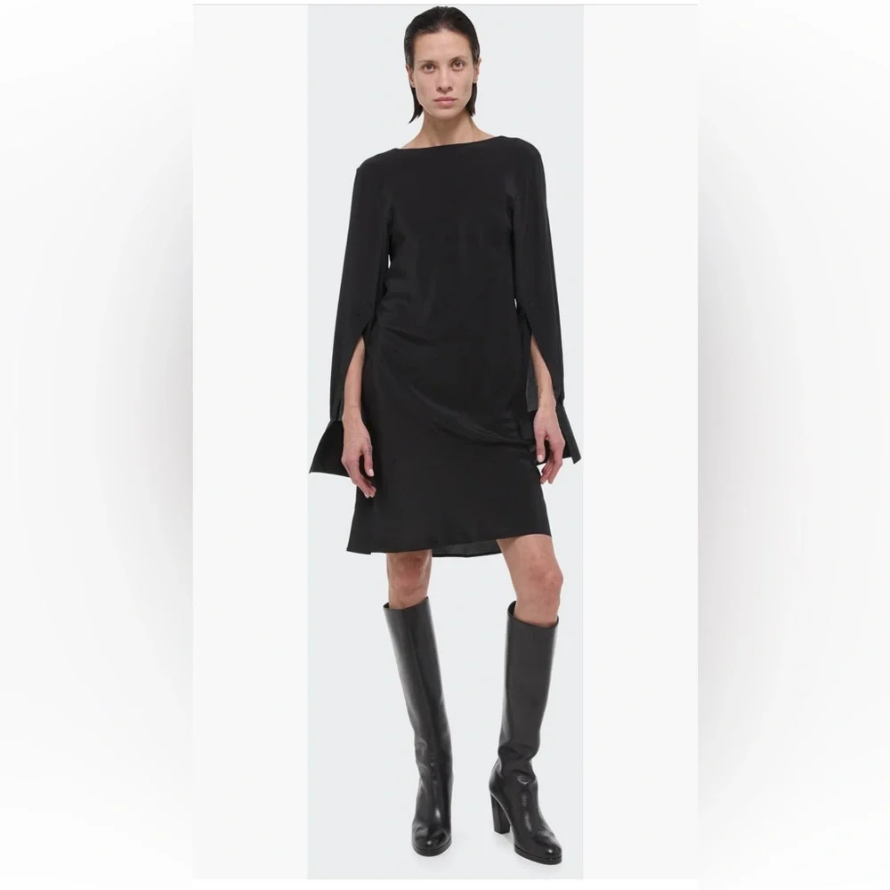 Helmut Lang Scarf Neck Long‎ Sleeve Silk Dress black small NWT